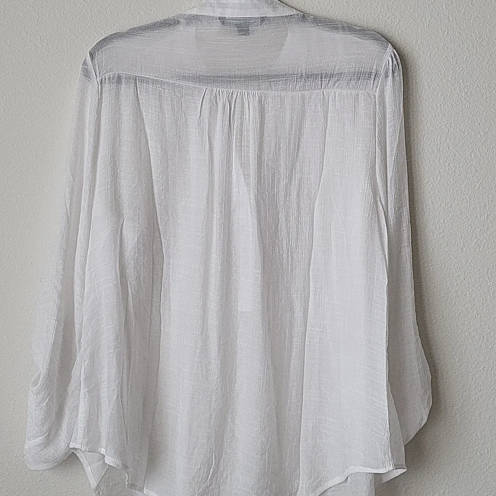 Zac & Rachel White Sheer Gauze Top Blouse Push Up Button Tab Sleeves L - Picture 8 of 8